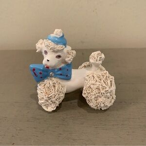 VTG MCM Spaghetti Poodle Dog Figurine With Blu Polka Dot Bow